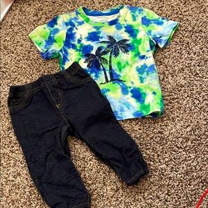 2 PC Tie-Dye Gymboree Palm Tree Shirt & Blue Pants Set Both are SZ 12M Like New